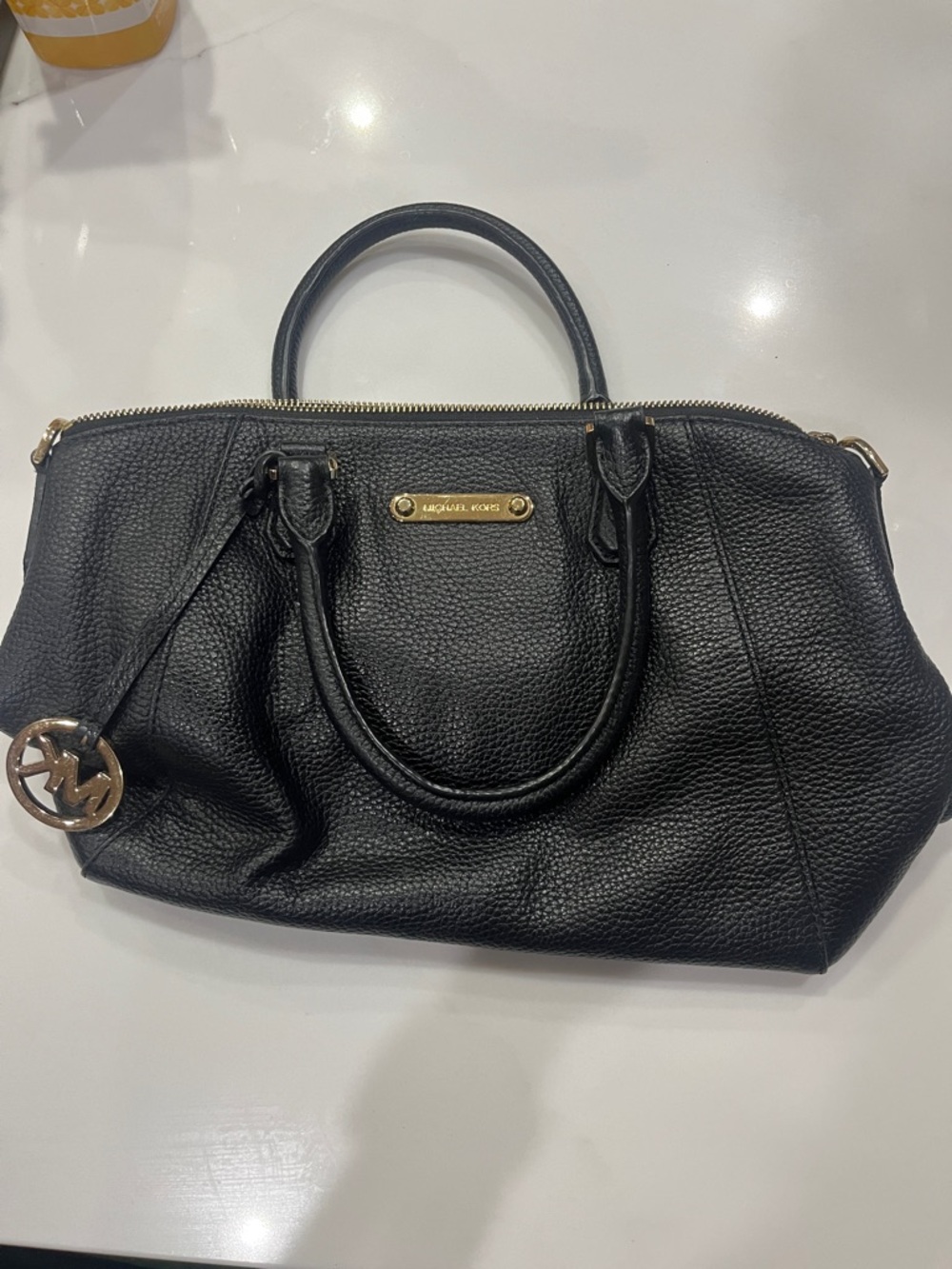 MICHAEL Michael Kors Black Pebbled Leather Satchel with Gold Hardware
